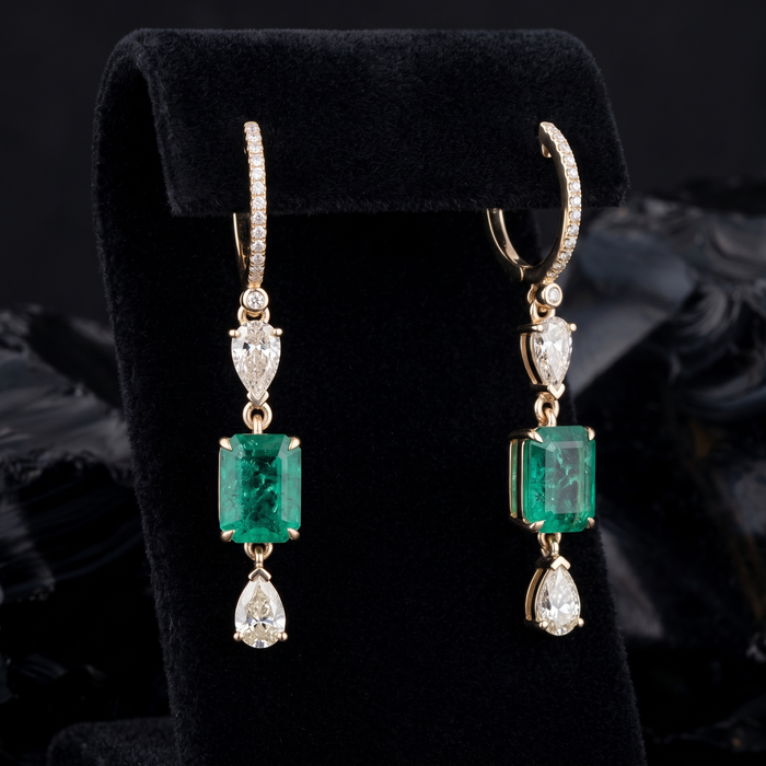 Emerald Elegance 14K (or 18k upon request) Yellow Gold Diamond Drop Earrings