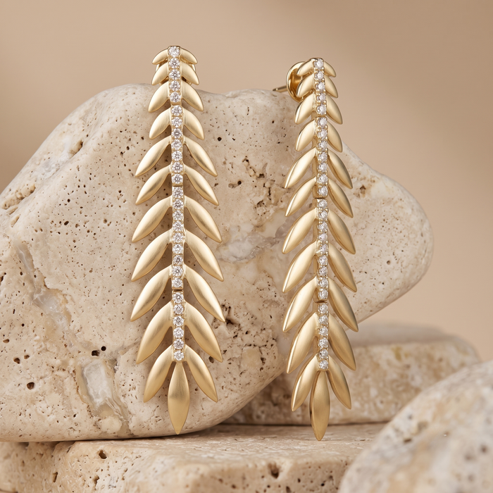 Leaf Shape Halo Huggie Earrings in 14K Yellow Gold