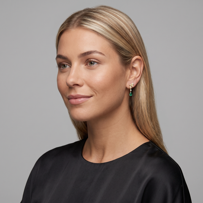 Cluster Teardrop Emerald Drop Earrings in 14K Yellow Gold