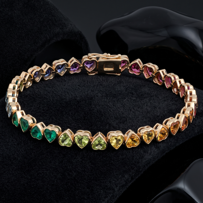 Heart-Cut Rainbow Gemstone 14K Yellow Gold Tennis Bracelet