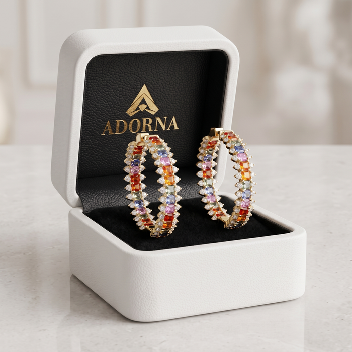 Rainbow Sapphire Pave Hoop Earrings in 14K Yellow Gold