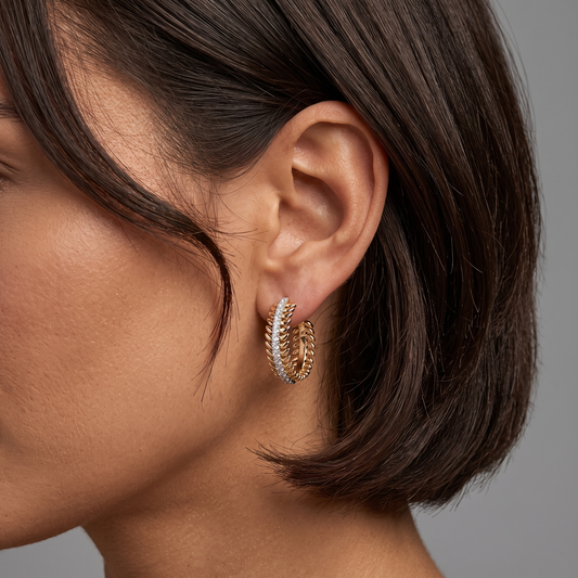 Leaf Link Diamond Hoop Earrings in 14K Yellow Gold