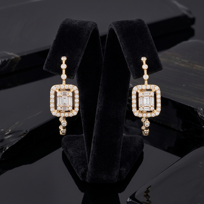 Baguette Diamond Frame Hoop Stud Earrings in 14K Yellow Gold