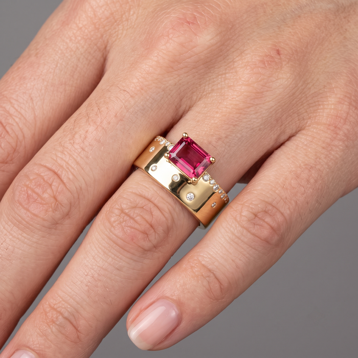 Emerald-Cut Pink Tourmaline Diamond Ring in 14K Yellow Gold