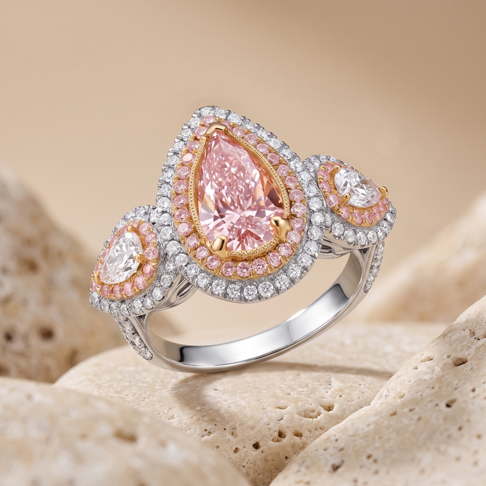 Pink Pear Shaped Halo Diamond Engagement Ring in 18K Gold