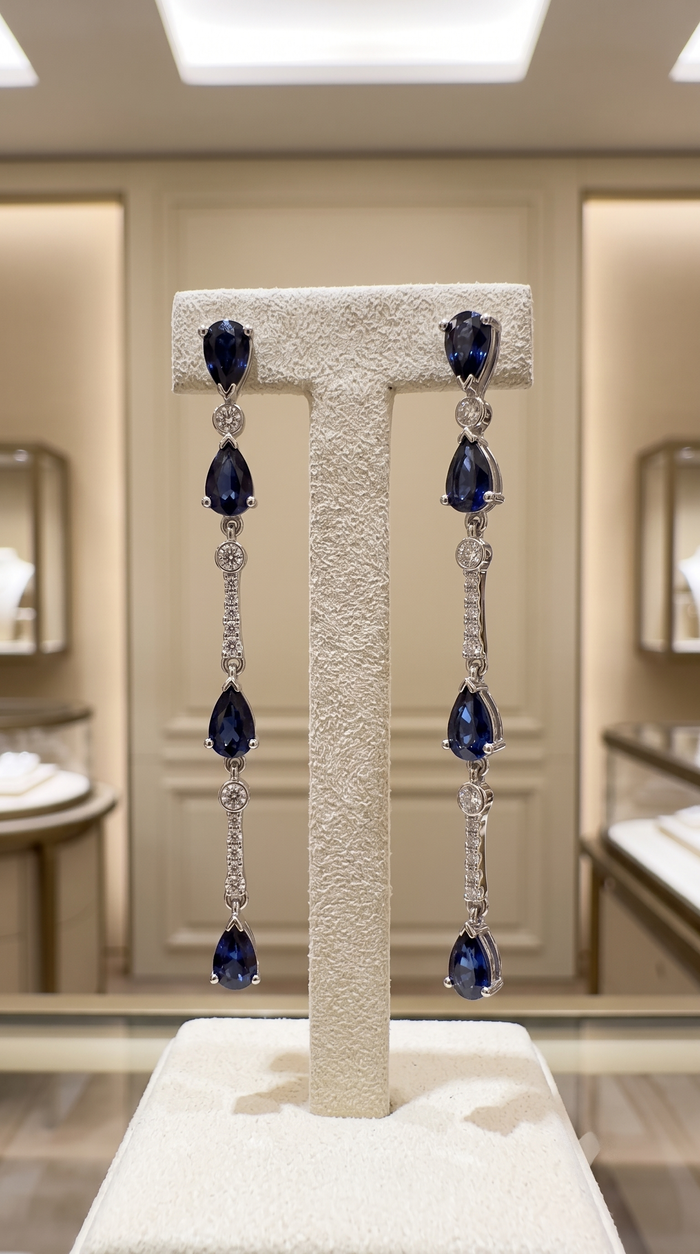 Multi Blue Sapphire 14K (or 18k upon request) Yellow Gold Diamond Drop Earrings