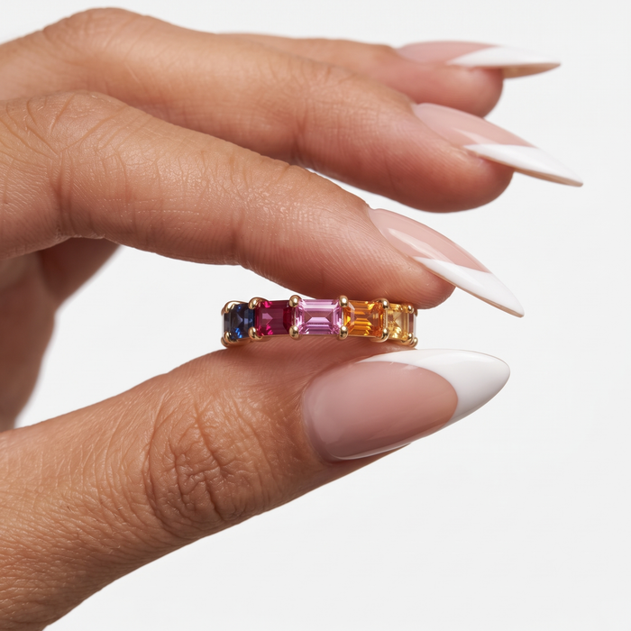 Colorful Sapphire Baguette 14K Gold Eternity Ring