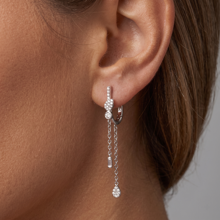Cascade Charm Diamond Dangle Chain Earrings in 14K White Gold
