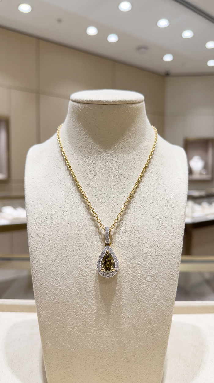 Pear Yellow Diamond Brilliant Halo Necklace in 14K Gold