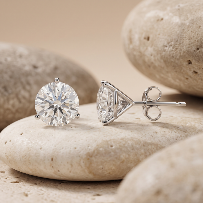Three Prong Martini Push Back Diamond Stud Earrings in 14K Gold