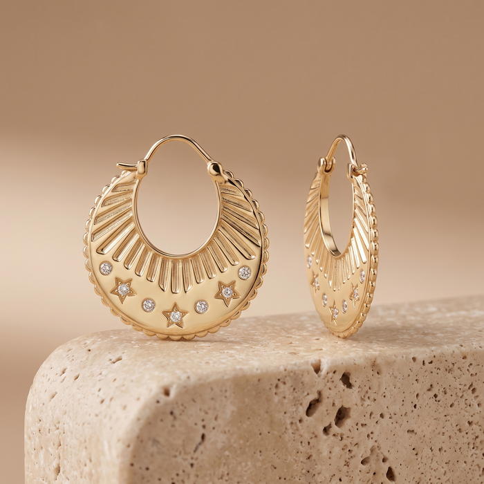Celestial Etched Starburst Hoop Earrings in 14K Yellow Gold