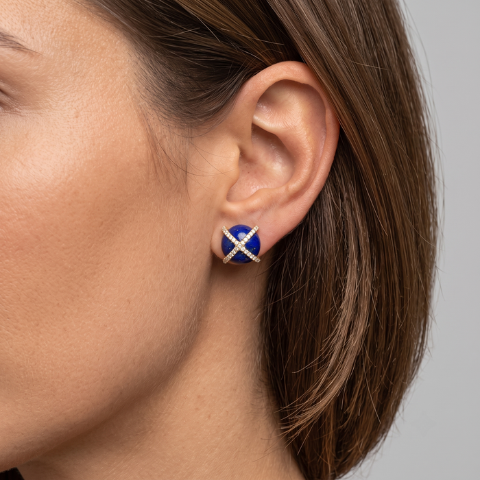 Charm Lapis Pearl Diamond Stud Earrings in 14K Yellow Gold
