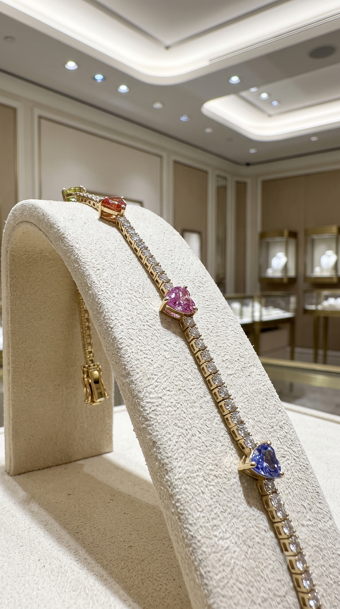 Colourful Heart 14K Yellow Gold Diamond Bracelet