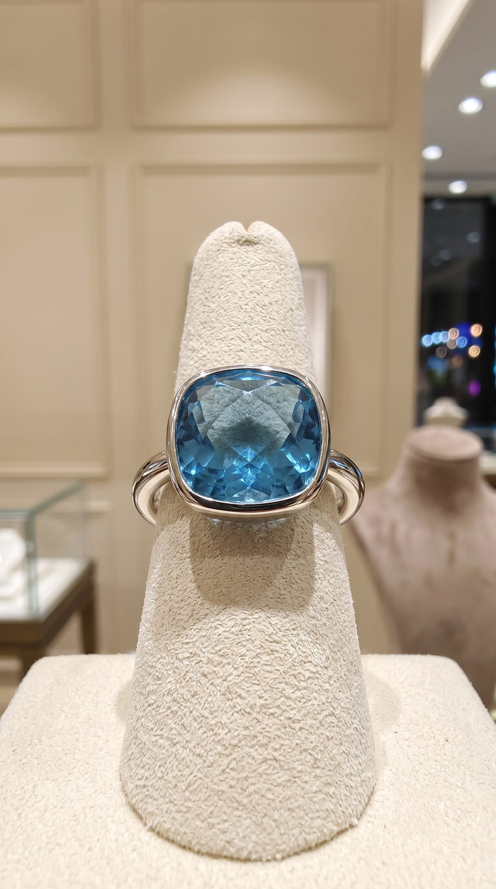 Classic Blue Topaz 14K White Gold Cushion Cut Ring