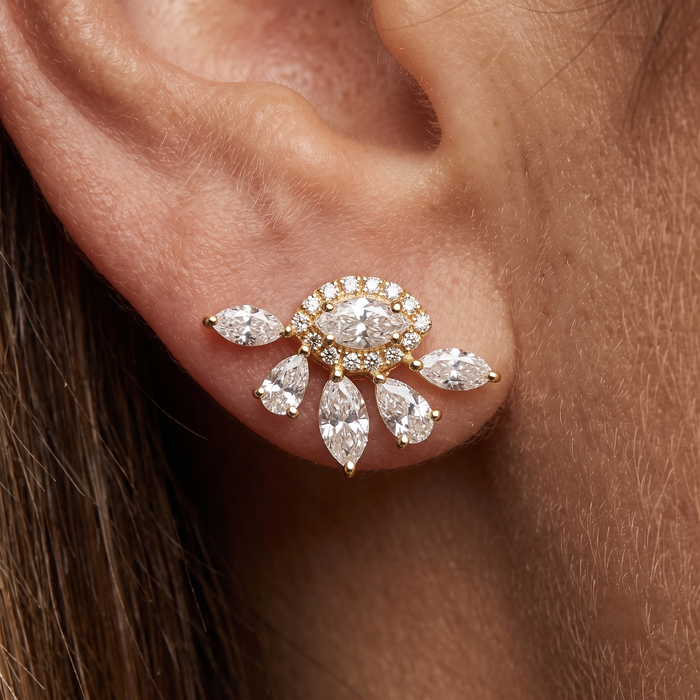 Marquise Pear Cluster Stud Earrings in 14K Yellow Gold
