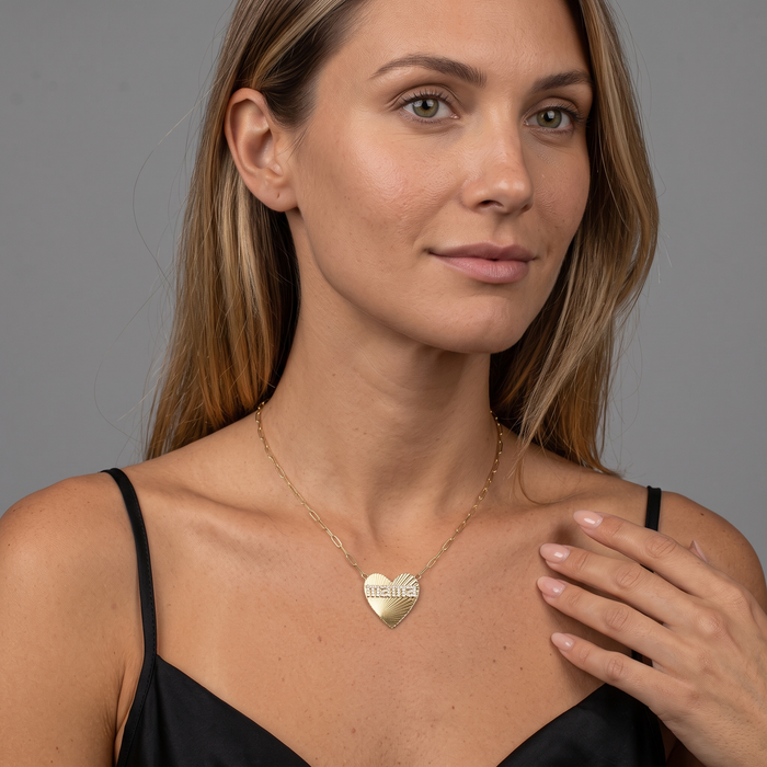Abrasion Heart Shape 20Mm Mama Necklace in 14K Gold