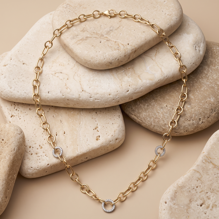 Round Grip Diamond 14K (or 18k upon request) Yellow Gold Link Necklace
