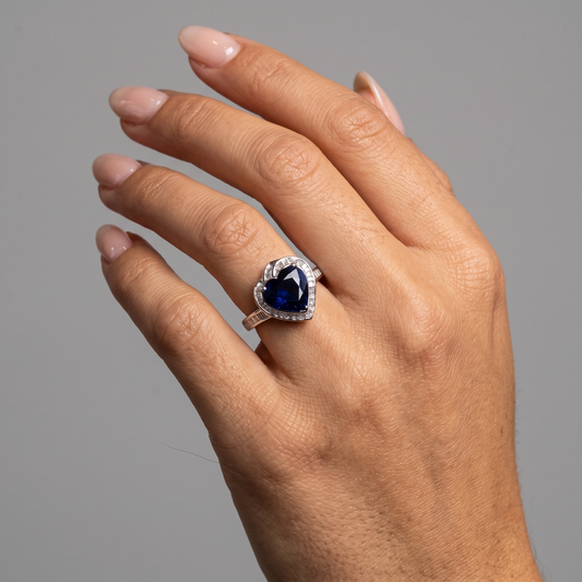 Heart-Cut Blue Sapphire Diamond Halo Ring in 14K White Gold