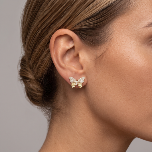 Butterfly Decorative Diamond Stud Earrings in 14K Yellow Gold