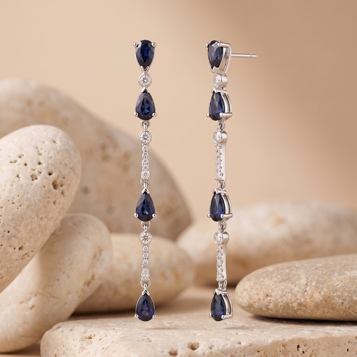 Multi Blue Sapphire 14K (or 18k upon request) Yellow Gold Diamond Drop Earrings