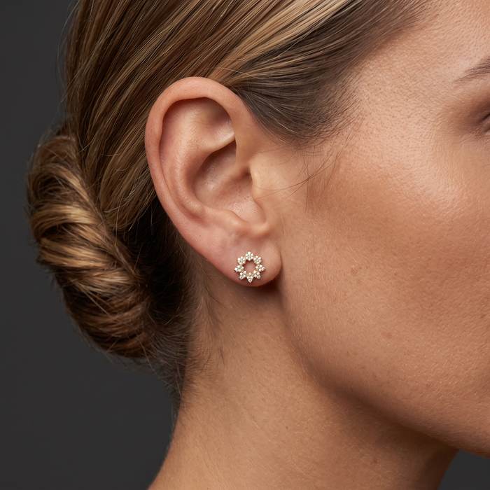 Pave Diamond Open Floral Stud Earrings in 14K Yellow Gold