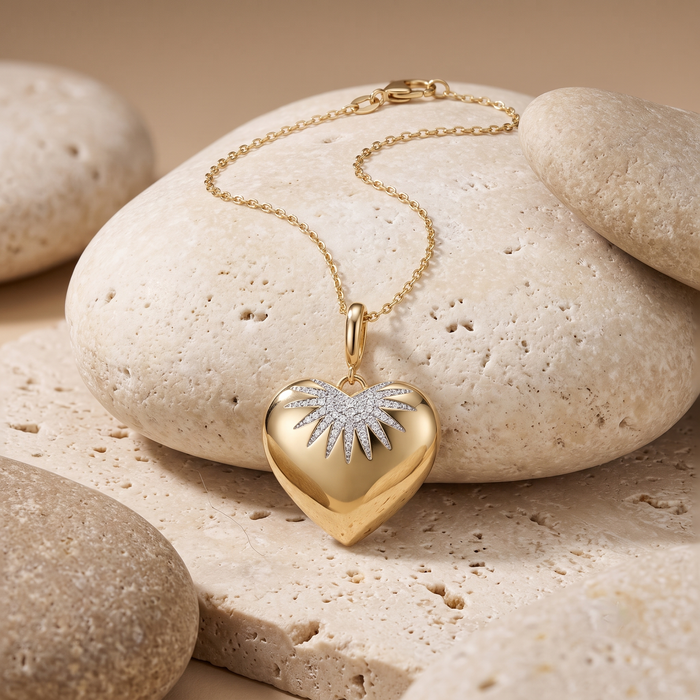 Diamond Fluted Heart Pendant Necklace in 14K Yellow Gold