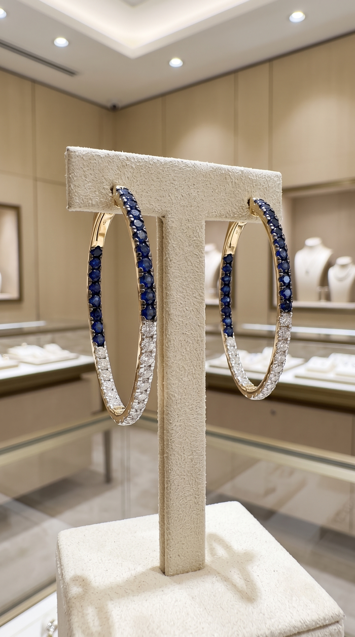 Sapphire Gemstones Diamond Hoop Earrings in 14K Yellow Gold