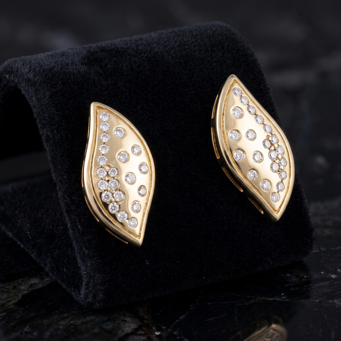 Leaf Shape Diamond Studs Earrings in 14K Yellow Gold