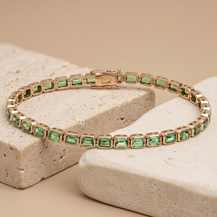 Emerald Cut 14K Yellow Gold Green Gemstone Tennis Bracelet