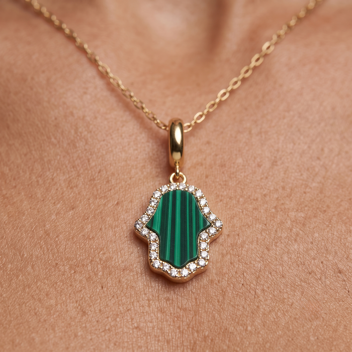 Malachite Hamsa Pendant Diamond Necklace in 14K Yellow Gold