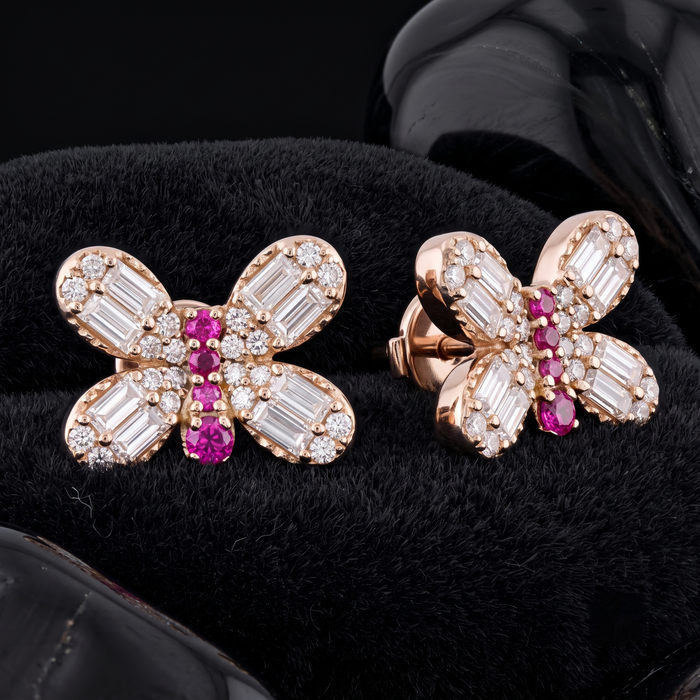 Butterfly Stud Ruby Diamond Wings Earrings in 14K Yellow Gold
