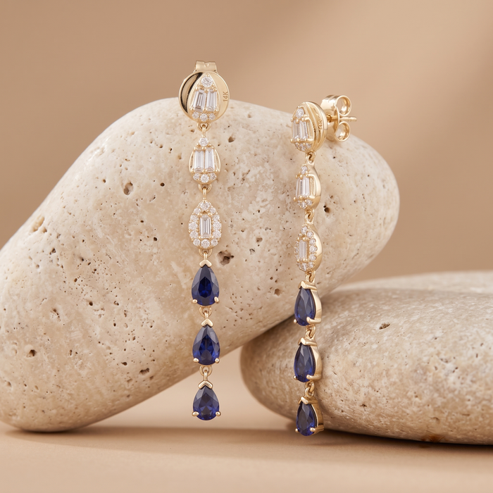 Baguette Diamond Sapphire Drop Cascade Earrings in 14K Yellow Gold