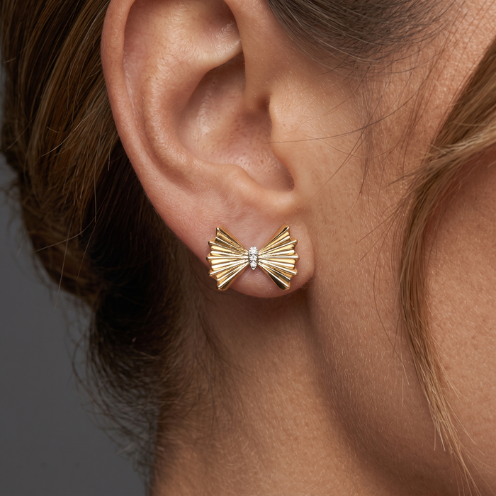Diamond Fan Bow Stud Earrings in 14K Yellow Gold