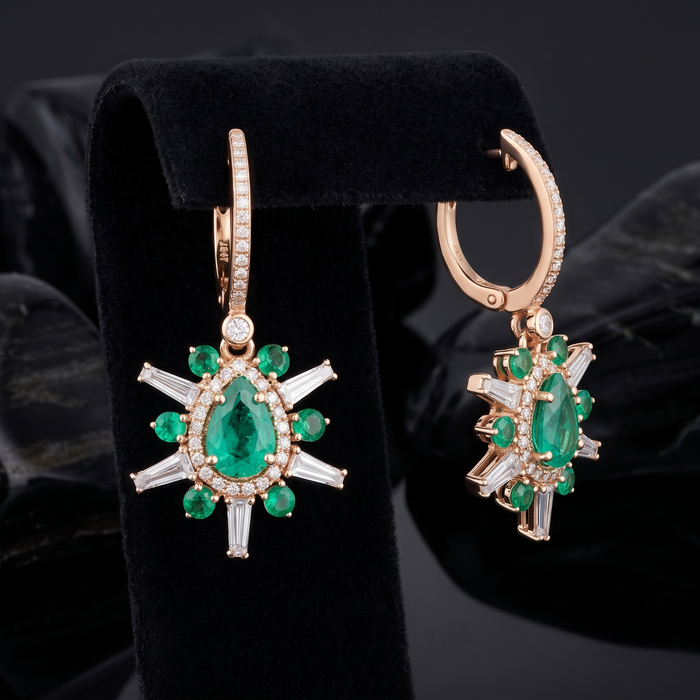 Baguette Ruby Diamond Drop Earrings in 14K Yellow Gold