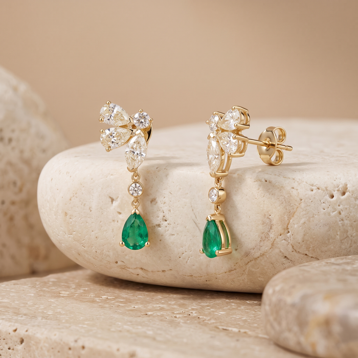 Cluster Teardrop Emerald Drop Earrings in 14K Yellow Gold