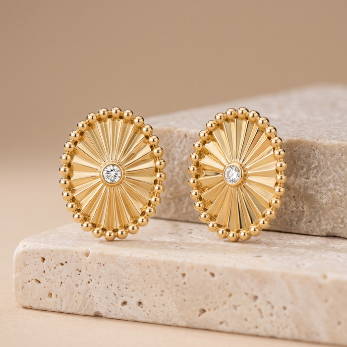 Radiant Beaded Oval Diamond Stud Earrings in 14K Yellow Gold