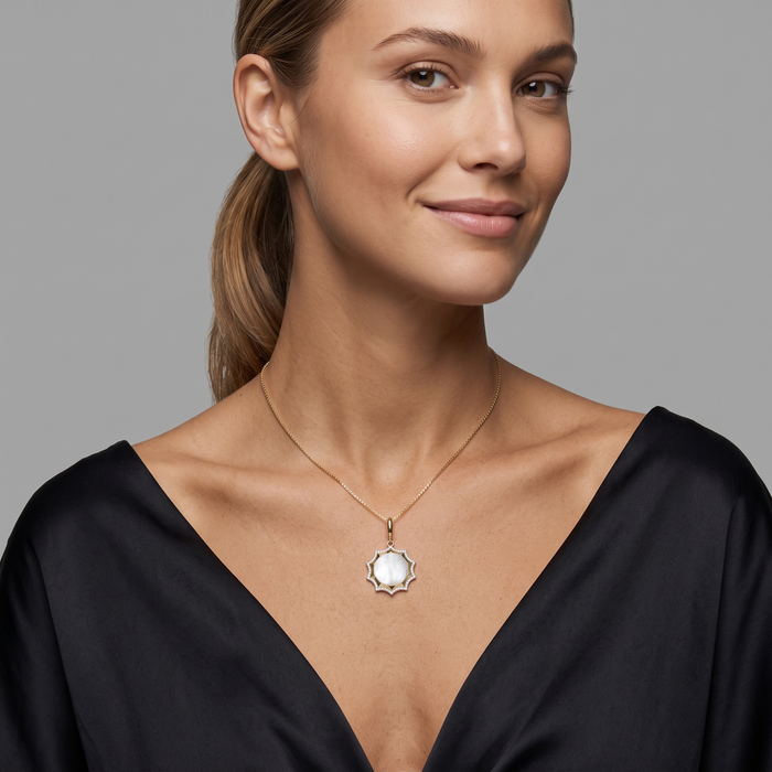 Mother Pearl Diamond Sunburst Pendant Necklace in 14K Yellow Gold