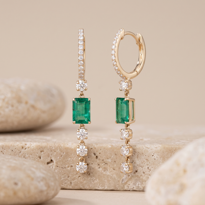 Emerald Cut Diamond Drop Hoop Earrings in 14K Gold