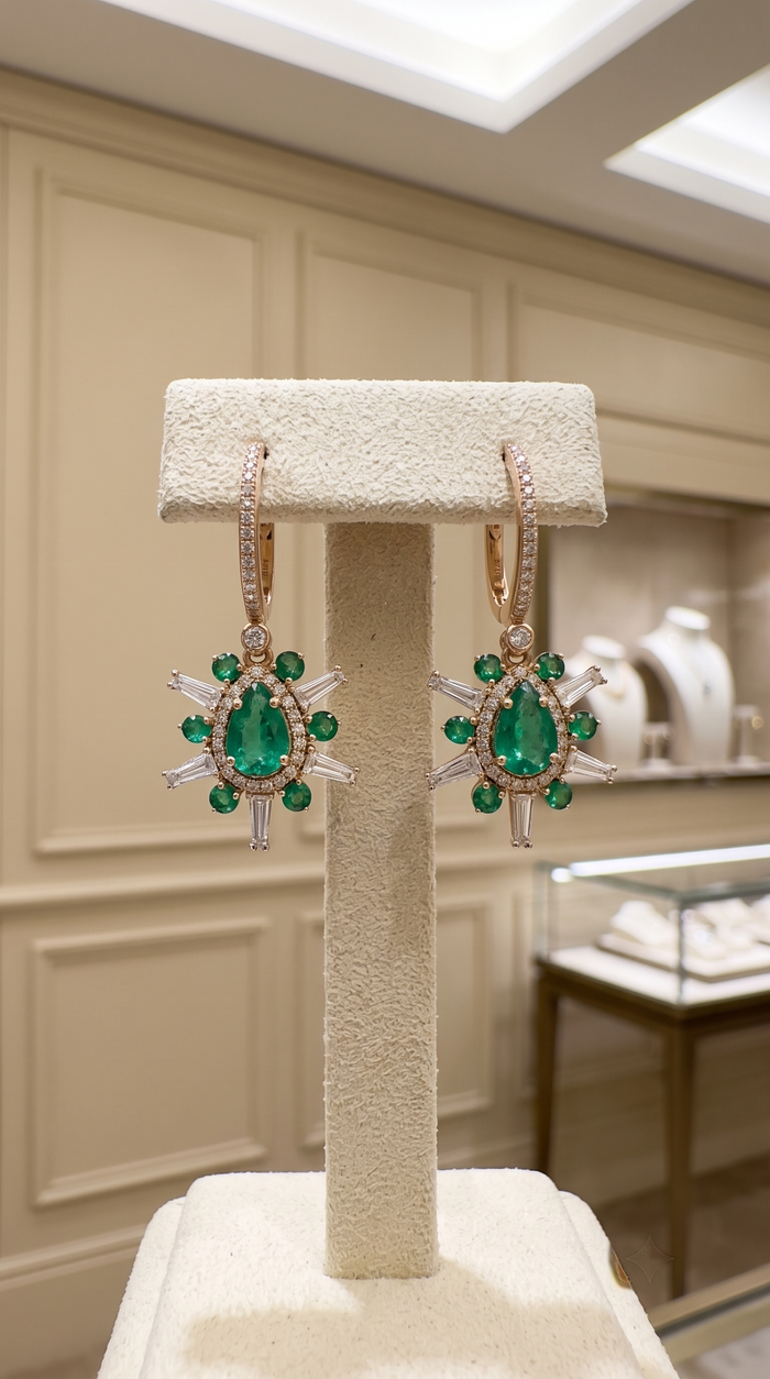 Baguette Ruby Diamond Drop Earrings in 14K Yellow Gold