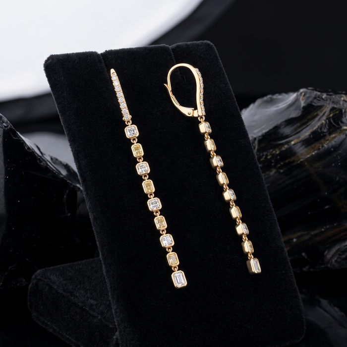 Asscher and Emerald Cut Diamond Delicate Modern Earrings in 18K Yellow Gold