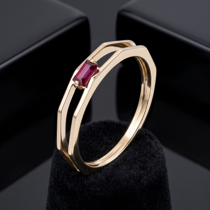 Hexagon Open Band Baguette Ruby Ring in 14K Yellow Gold