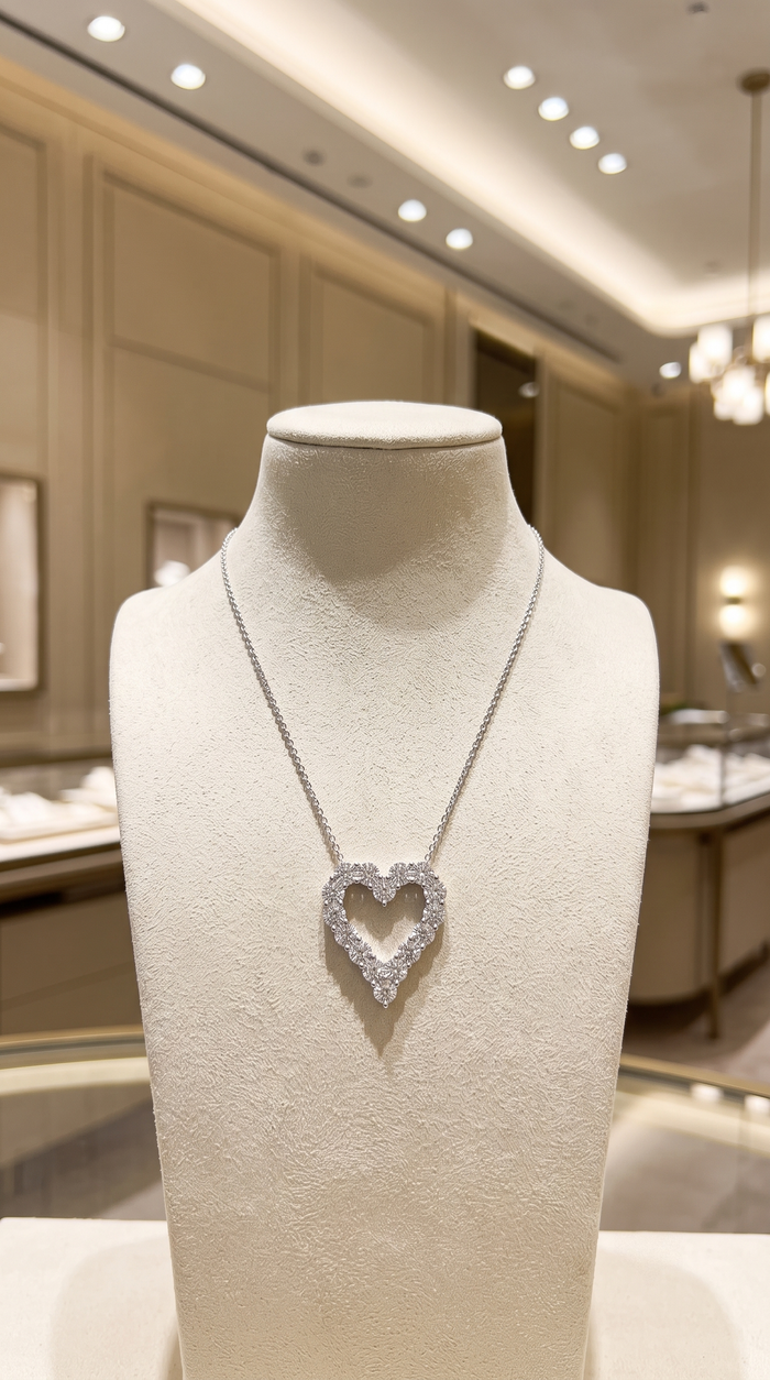 Cushion Cut Open Heart Diamond Necklace in 14K White Gold