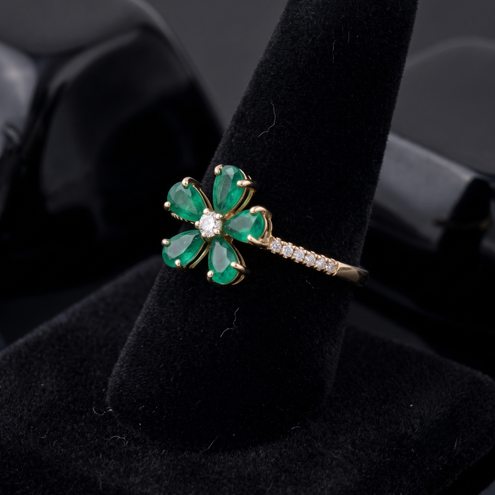 Emerald Green Flower 14K Diamond Ring