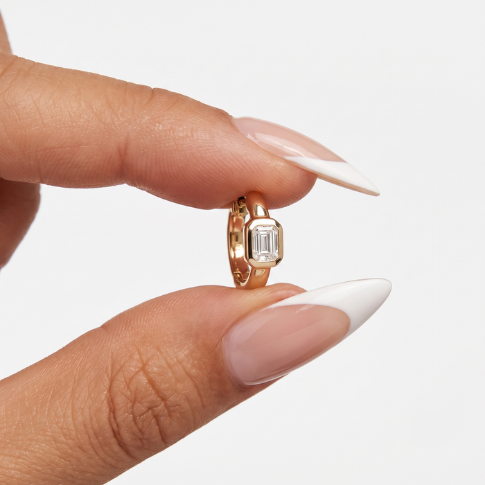 Bezel Emerald Diamond Mini Hoop Earrings in 14K Yellow Gold