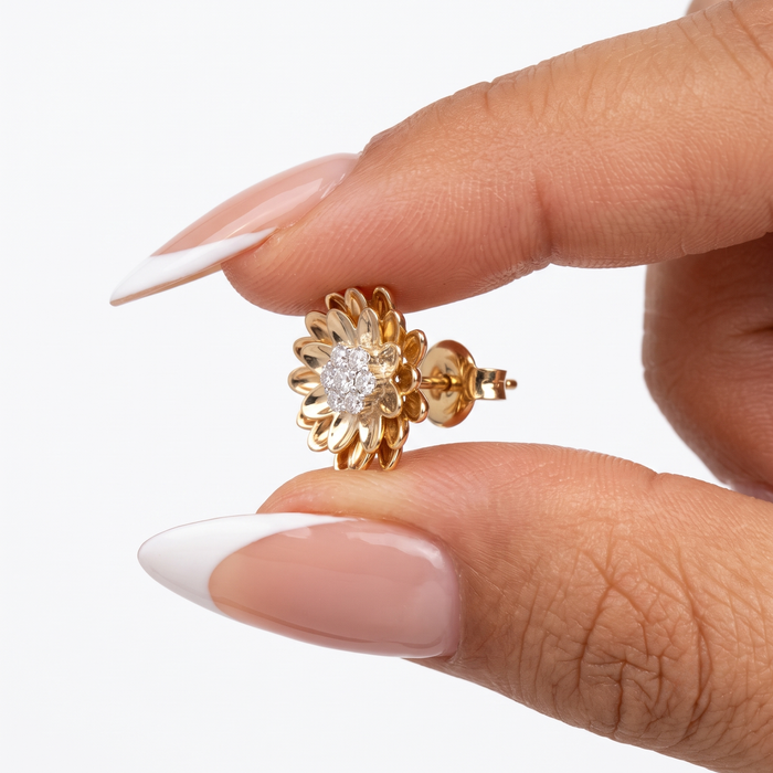 Brilliant Cut Diamond Flower Stud Earrings in 14K Yellow Gold