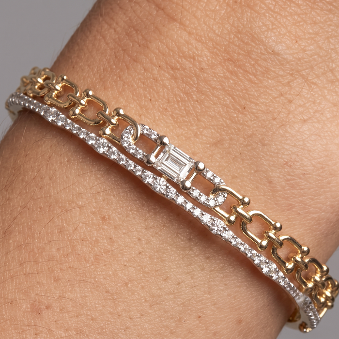 Baguette Chain Link Diamond Bangle Bracelet in 14K Gold