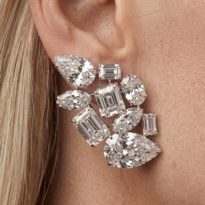 Magnificent Statement Diamond Cluster 14K White Gold Earrings