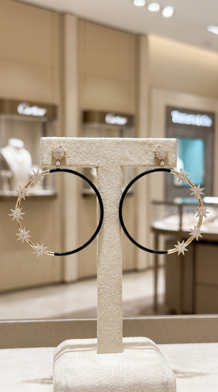 Black Enamel Starburst Hoop Earrings in 14K Yellow Gold