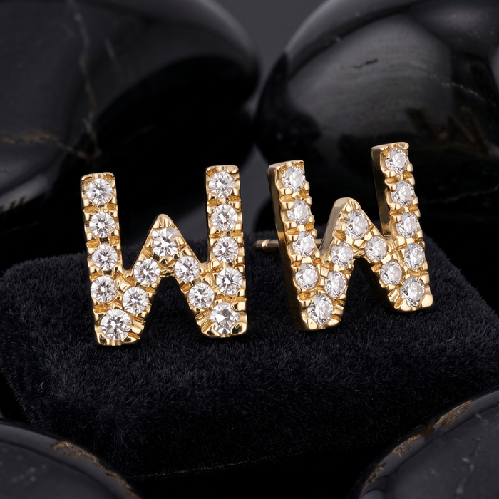 W Initial Diamond Letter Stud Earrings in 14K Yellow Gold