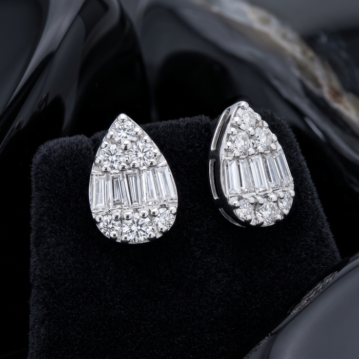 Round Diamond Pear Shape Stud Earrings in 14K White Gold